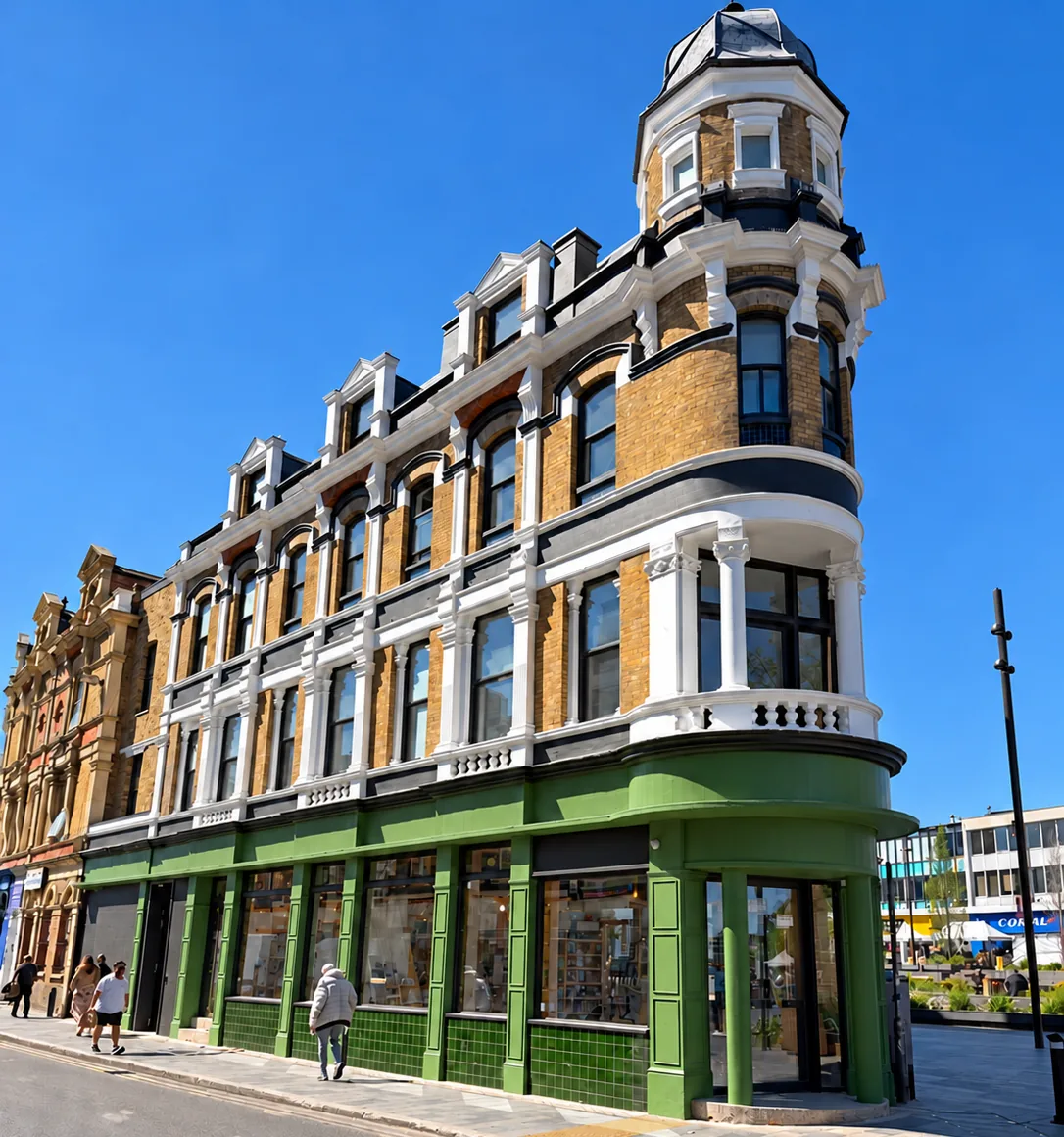 The restored former Ordnance Arms on Beresford Square, Woolwich, with its corner turret and new green shopfront