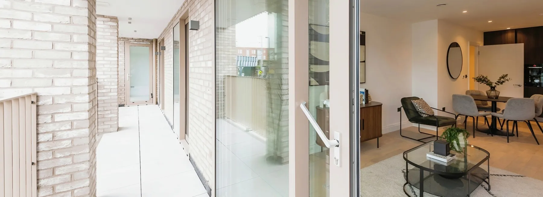 Balcony and living room in a completed apartment at Leyton Midland Road